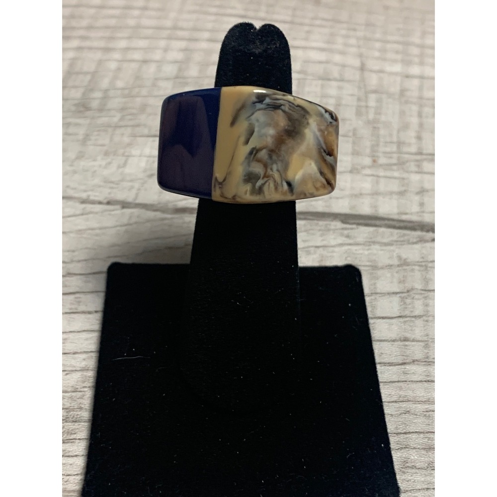 Chunky Resin Geometric Ring Navy Blue Marbled Tortoise Statement Size 6.25 3260